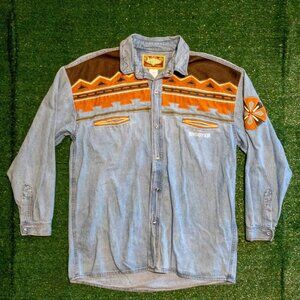 VINTAGE SHOOTER MENS SHIRT BLUE DENIM SOUTHWESTERN CHAMBRAY PEARL SNAP SZ L